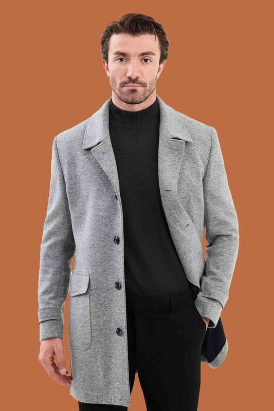 Men's Light Gray Slim Fit Single Breasted Overcoat