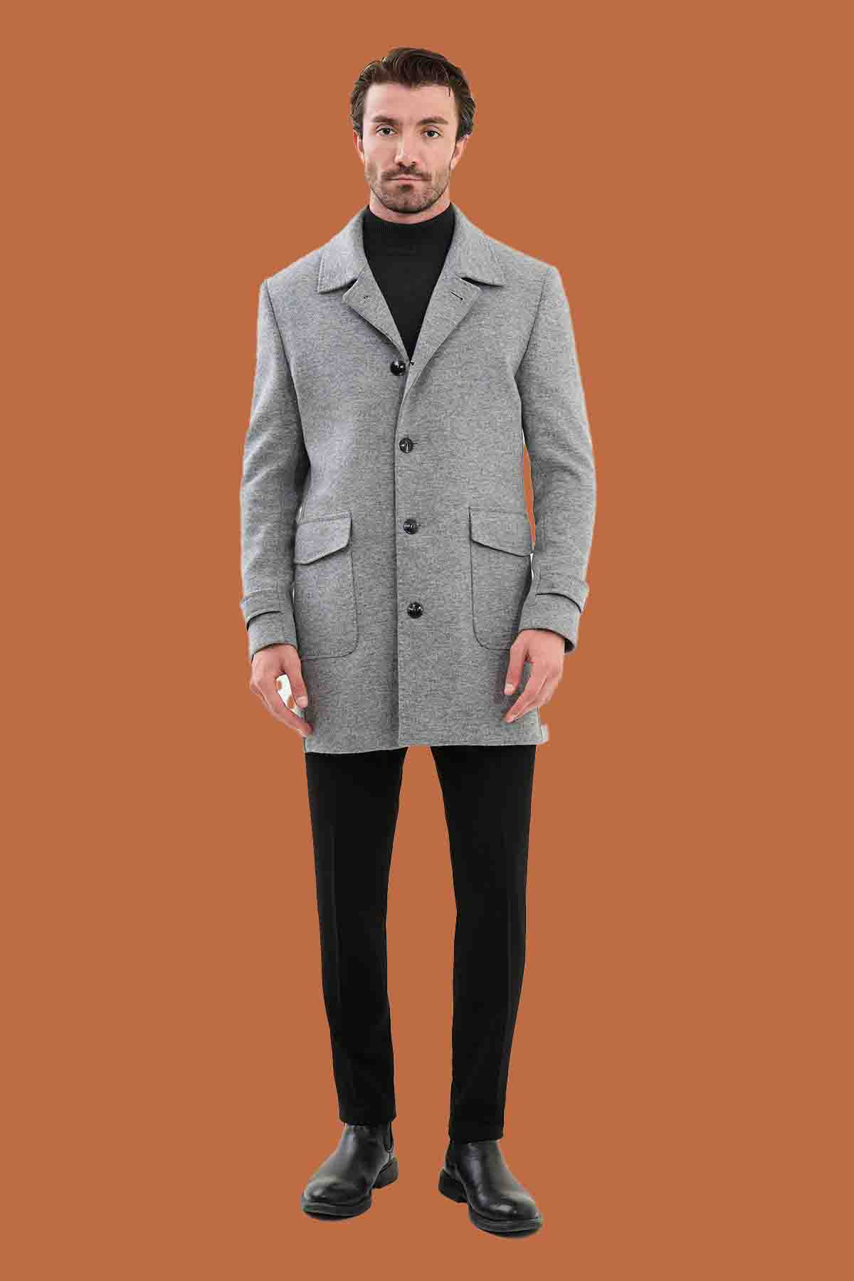 Men's Light Gray Slim Fit Single Breasted Overcoat