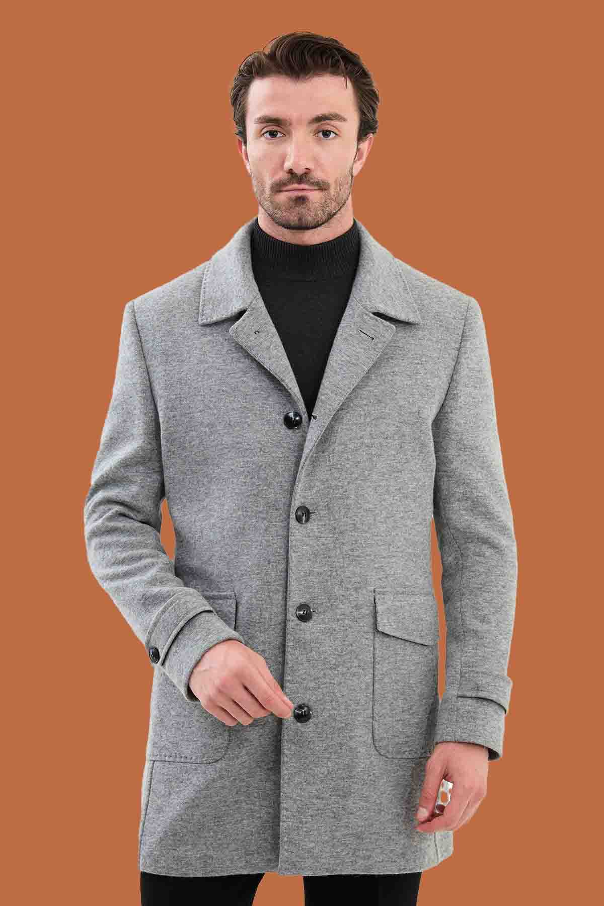 Men's Light Gray Slim Fit Single Breasted Overcoat