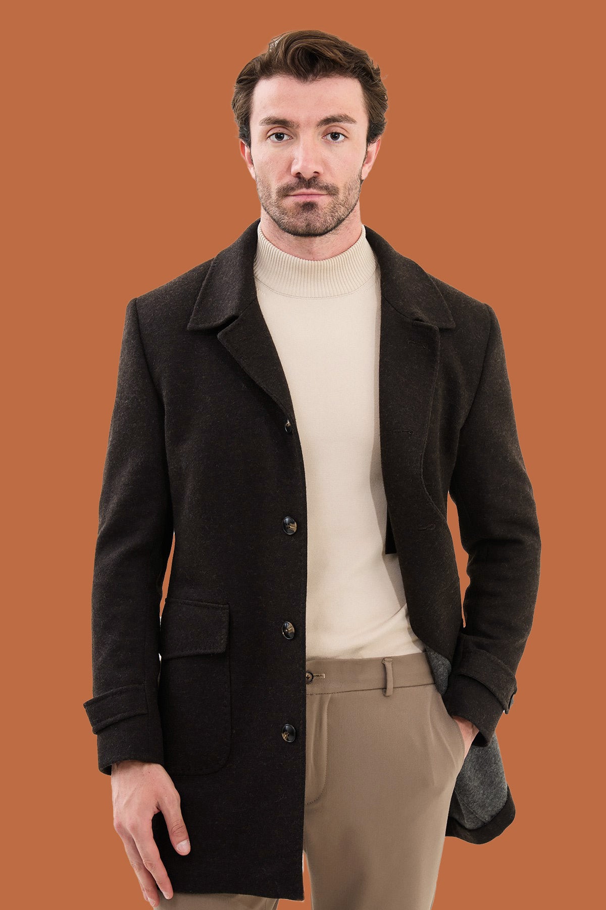 Men's Dark Brown Slim Fit Single Breasted Overcoat