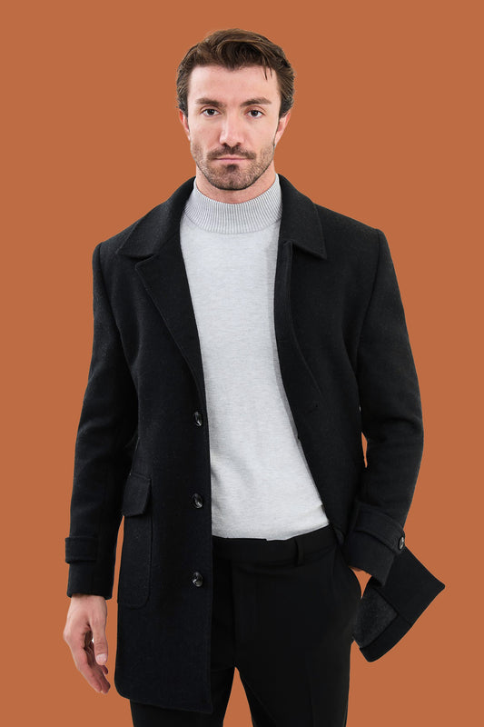 Men's Black Slim Fit Single Breasted Overcoat