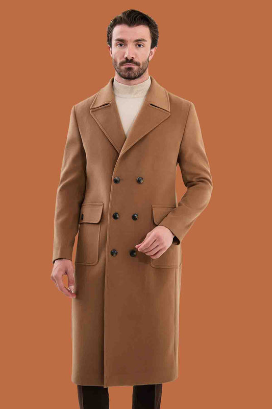 Men's Camel Slim Fit Double Breasted Long Coat