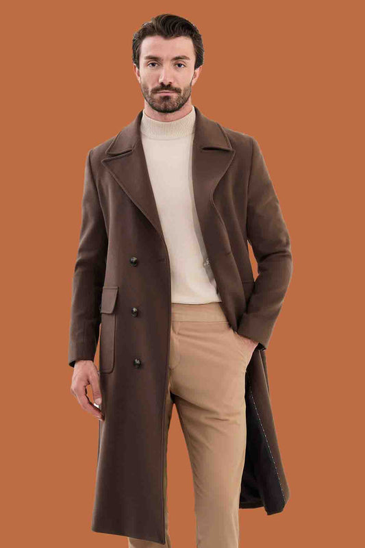 Men's Brown Slim Fit Double Breasted Long Overcoat