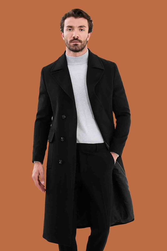 Men's Black Slim Fit Double Breasted Long Overcoat