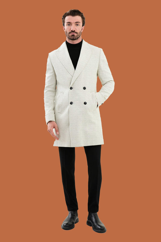 Men's Ecru Slim Fit Herringbone Double Breasted Coat