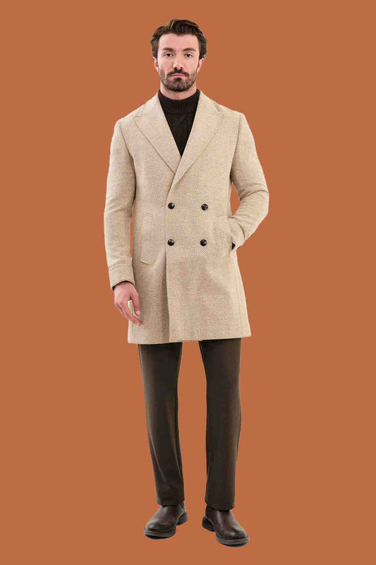 Men's Beige Slim Fit Herringbone Double Breasted Coat