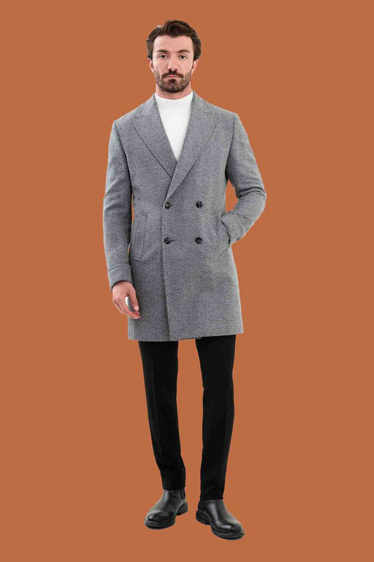 Men's Gray Herringbone Slim Fit Double Breasted Coat