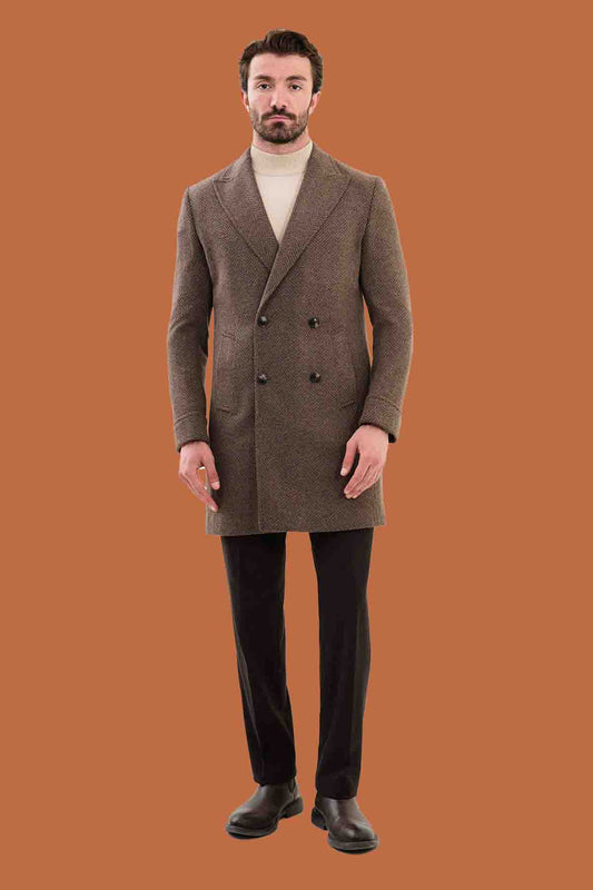 Men's Brown Slim Fit Herringbone Double Breasted Coat
