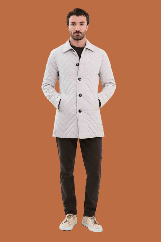Men's Ecru Slim Fit Quilted Padded Overcoat