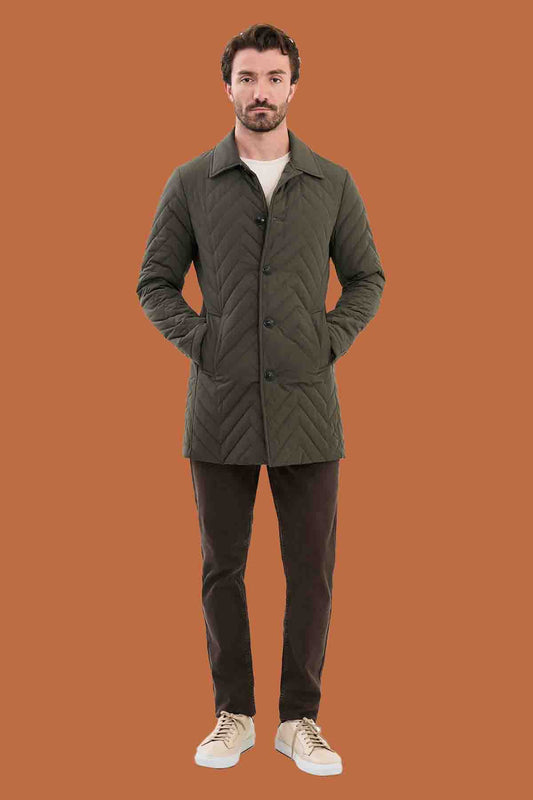 Men's Olive Green Slim Fit Quilted Padded Overcoat