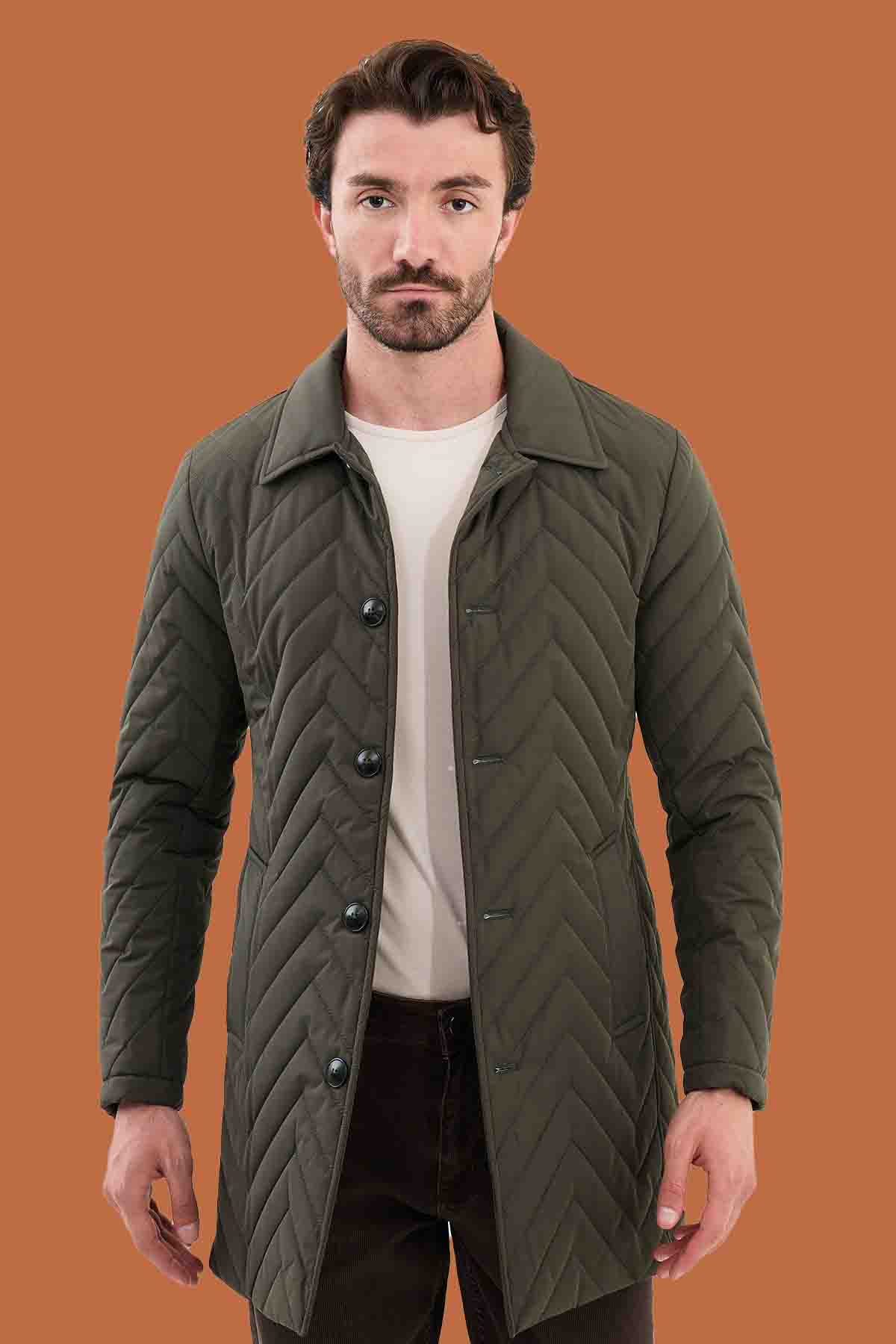 Men's Olive Green Slim Fit Quilted Padded Overcoat