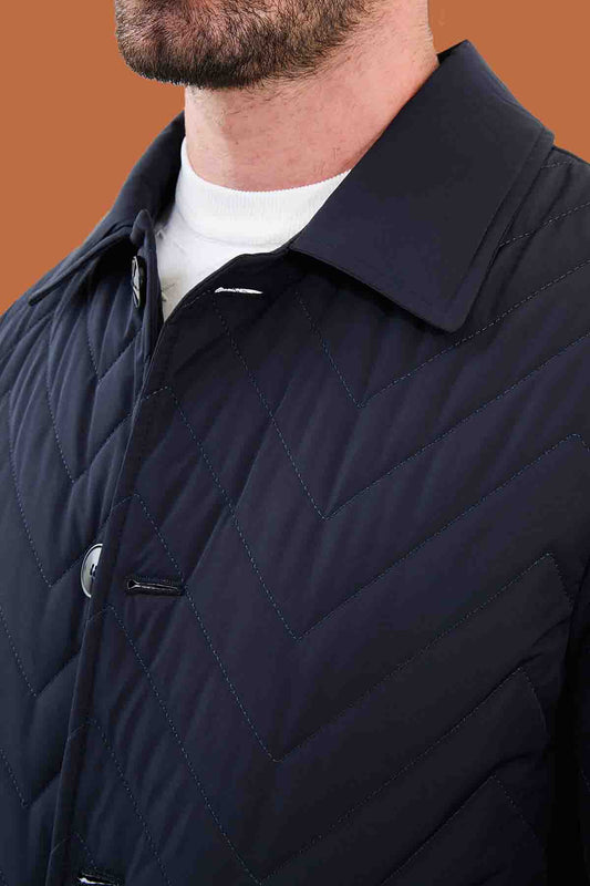 Men's Navy Blue Slim Fit Quilted Padded Overcoat