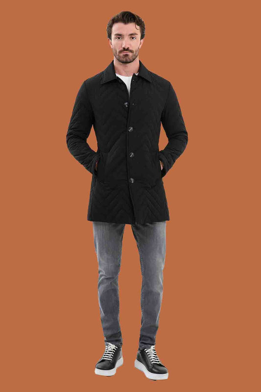 Men's Black Slim Fit Quilted Padded Overcoat