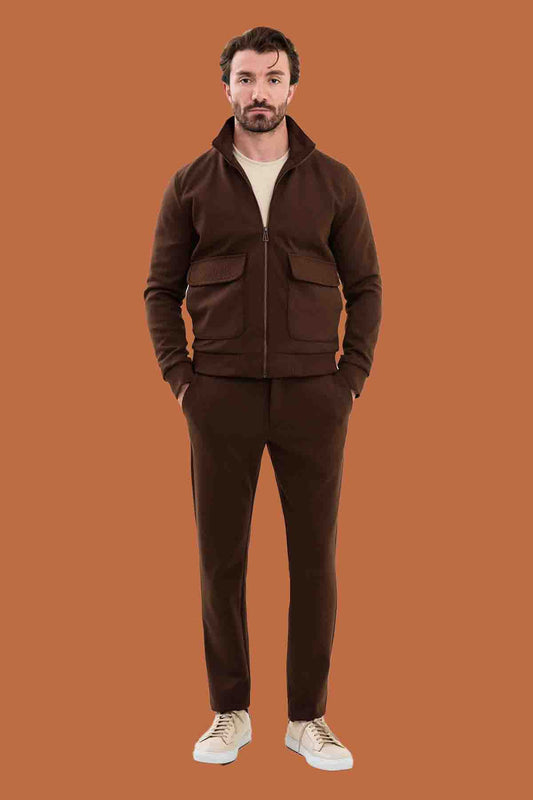 Men's Slim Fit Brown Knitwear Zip Jacket - S-XXL