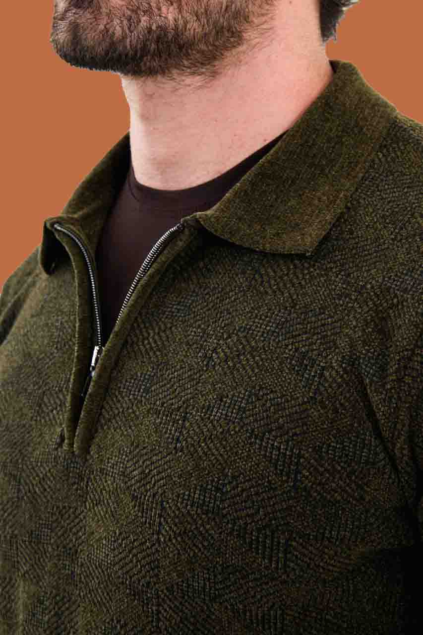 Men's Slim Fit Khaki Quarter-Zip Knit Polo Sweater