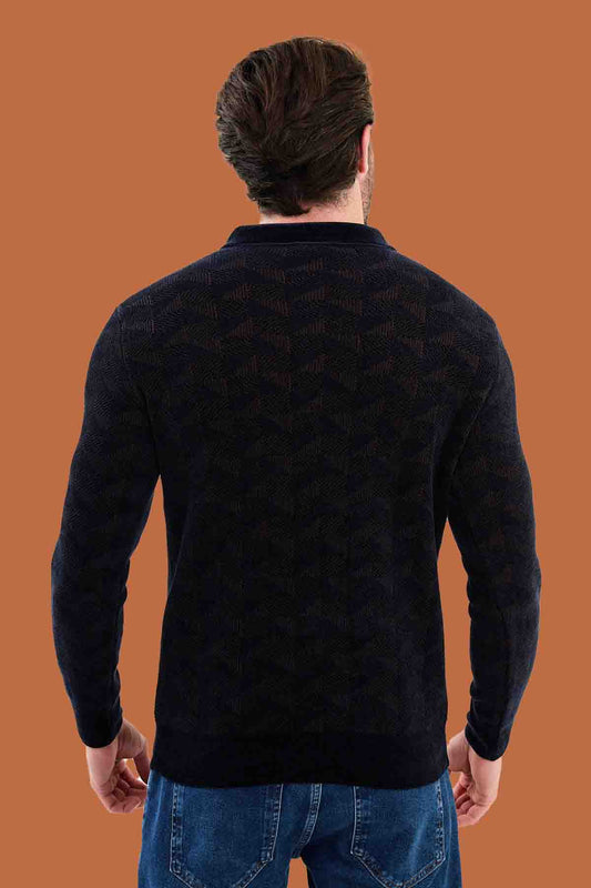 Navy Blue Slim Fit Knit Quarter-Zip Polo Sweater