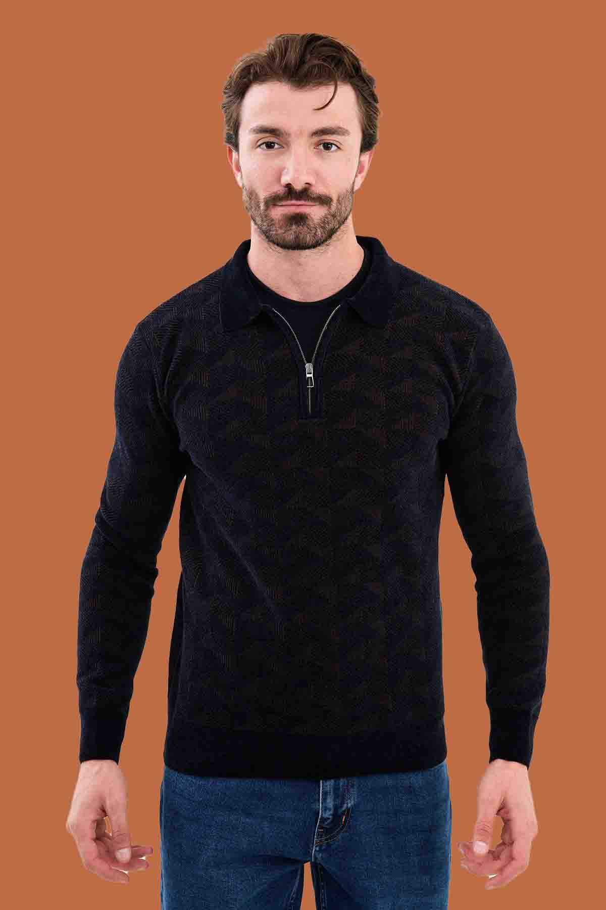 Navy Blue Slim Fit Knit Quarter-Zip Polo Sweater