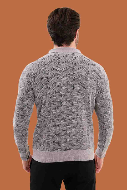 Men's Slim Fit Gray Geometric Knit Quarter-Zip Polo