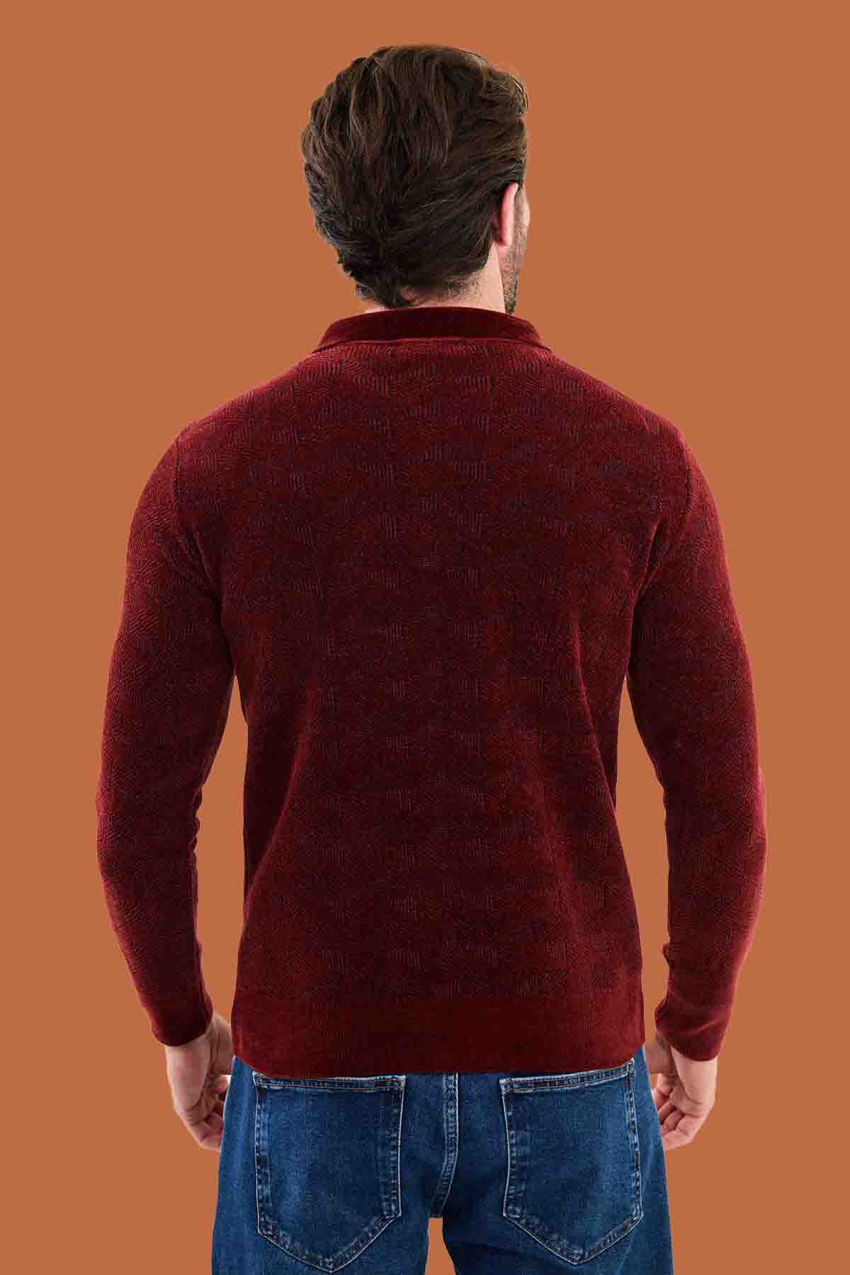Men's Slim Fit Burgundy Geometric Zip Polo Knit