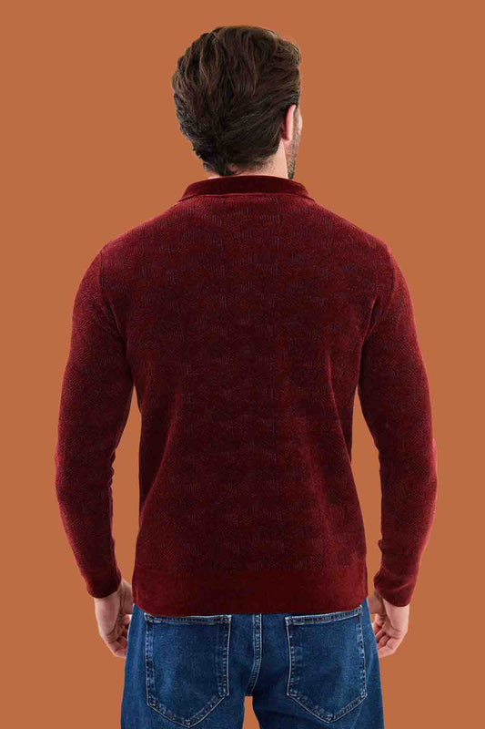 Men's Slim Fit Burgundy Geometric Zip Polo Knit
