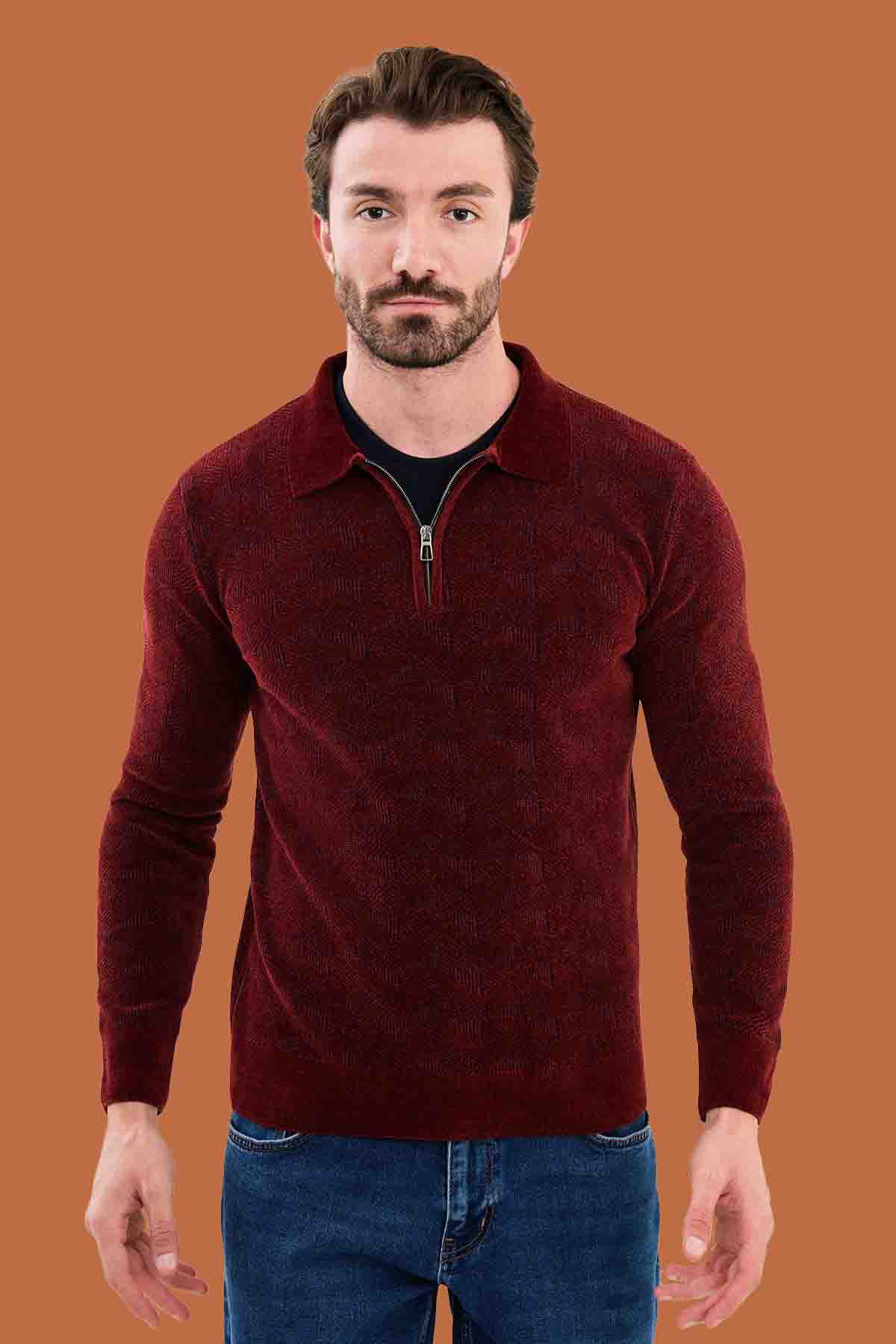 Men's Slim Fit Burgundy Geometric Zip Polo Knit