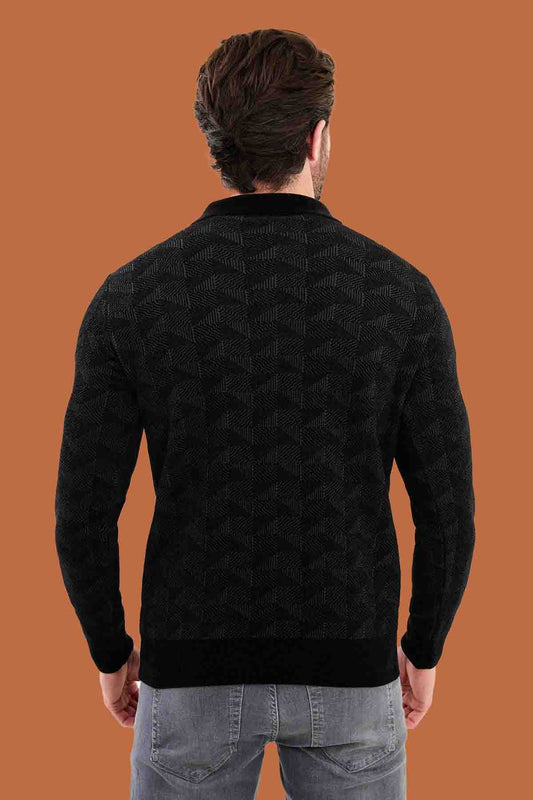 Black Slim Fit Geometric Knit Quarter-Zip Polo