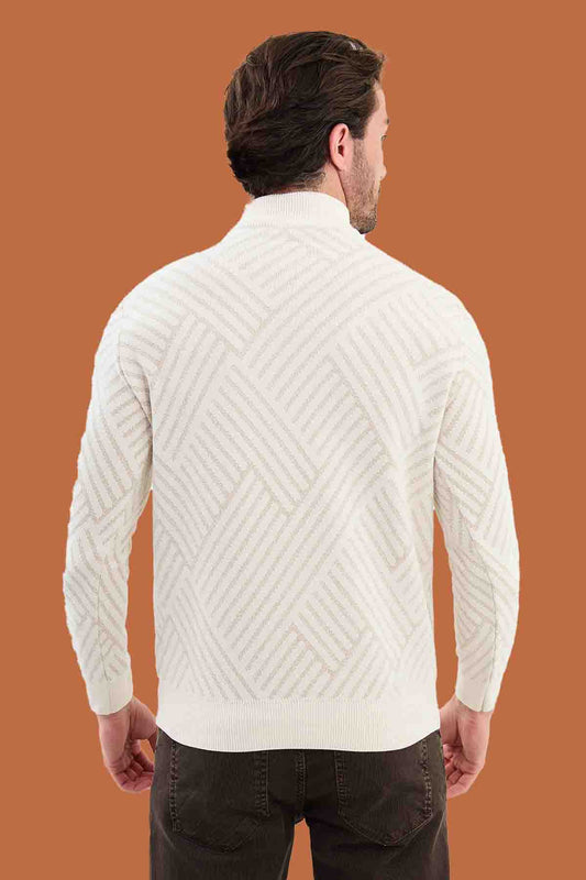 Men's Slim Fit White Knit Mock Neck Pattern Sweater