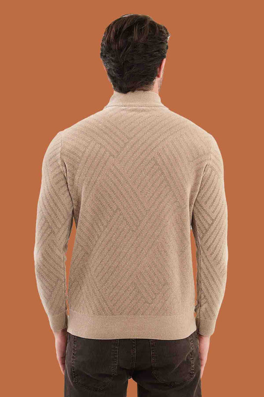 Men's Slim Fit Beige Knit Mock Neck Pattern Sweater