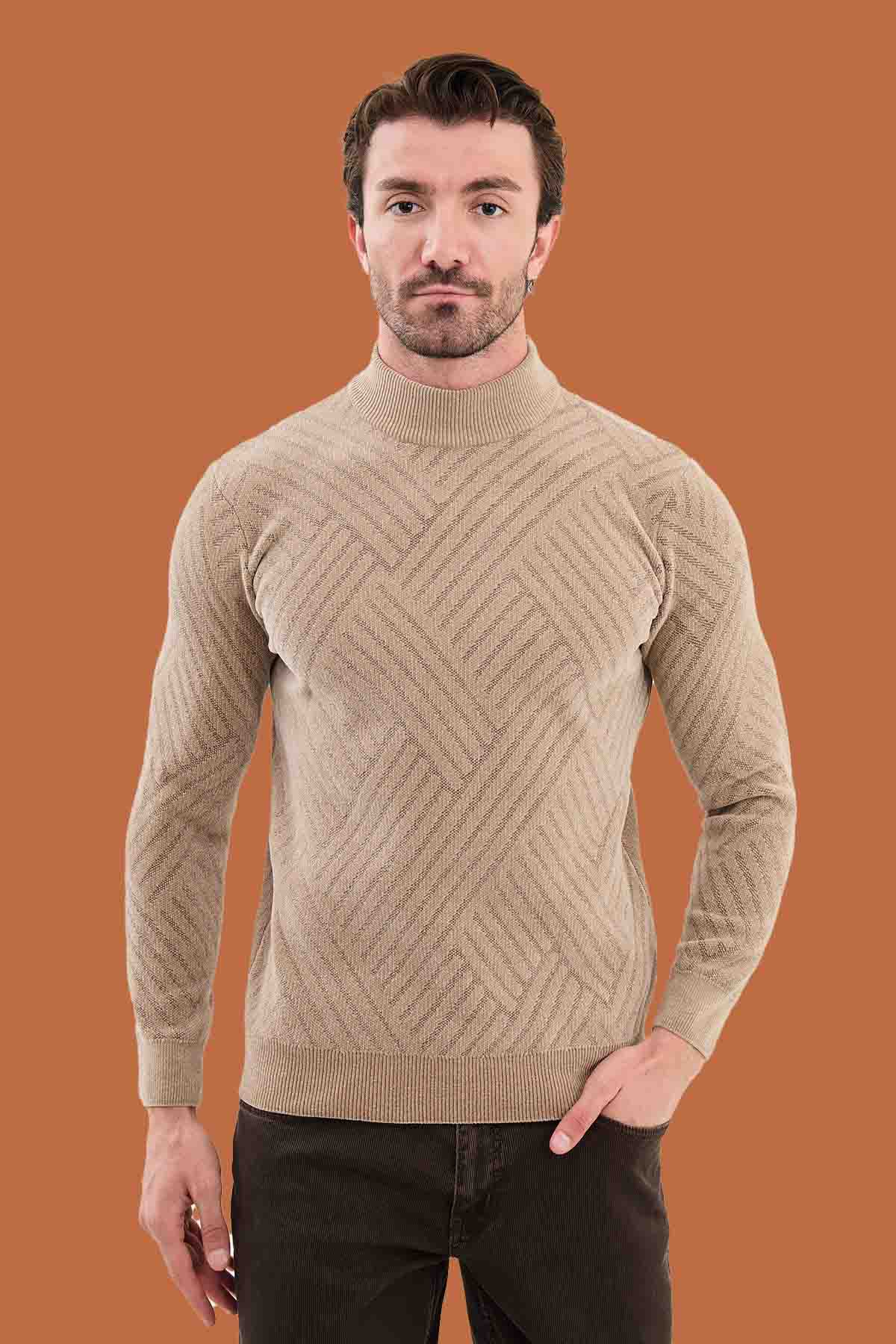 Men's Slim Fit Beige Knit Mock Neck Pattern Sweater