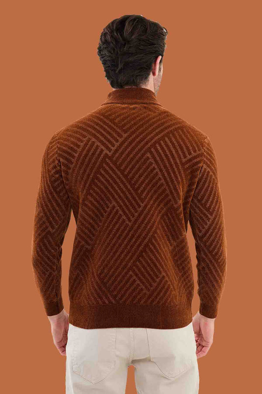 Men's Slim Fit Rust Mock Neck Geometric Sweater