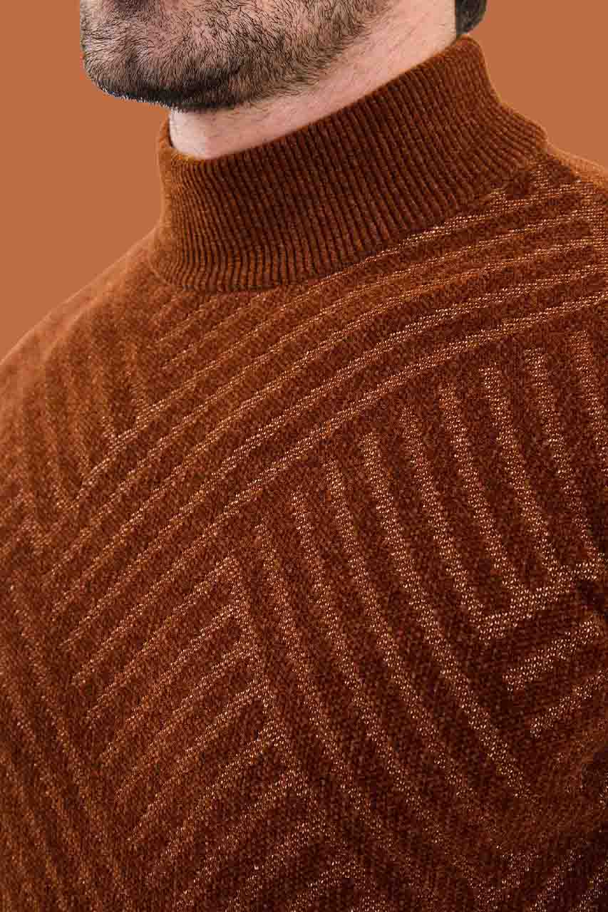 Men's Slim Fit Rust Mock Neck Geometric Sweater