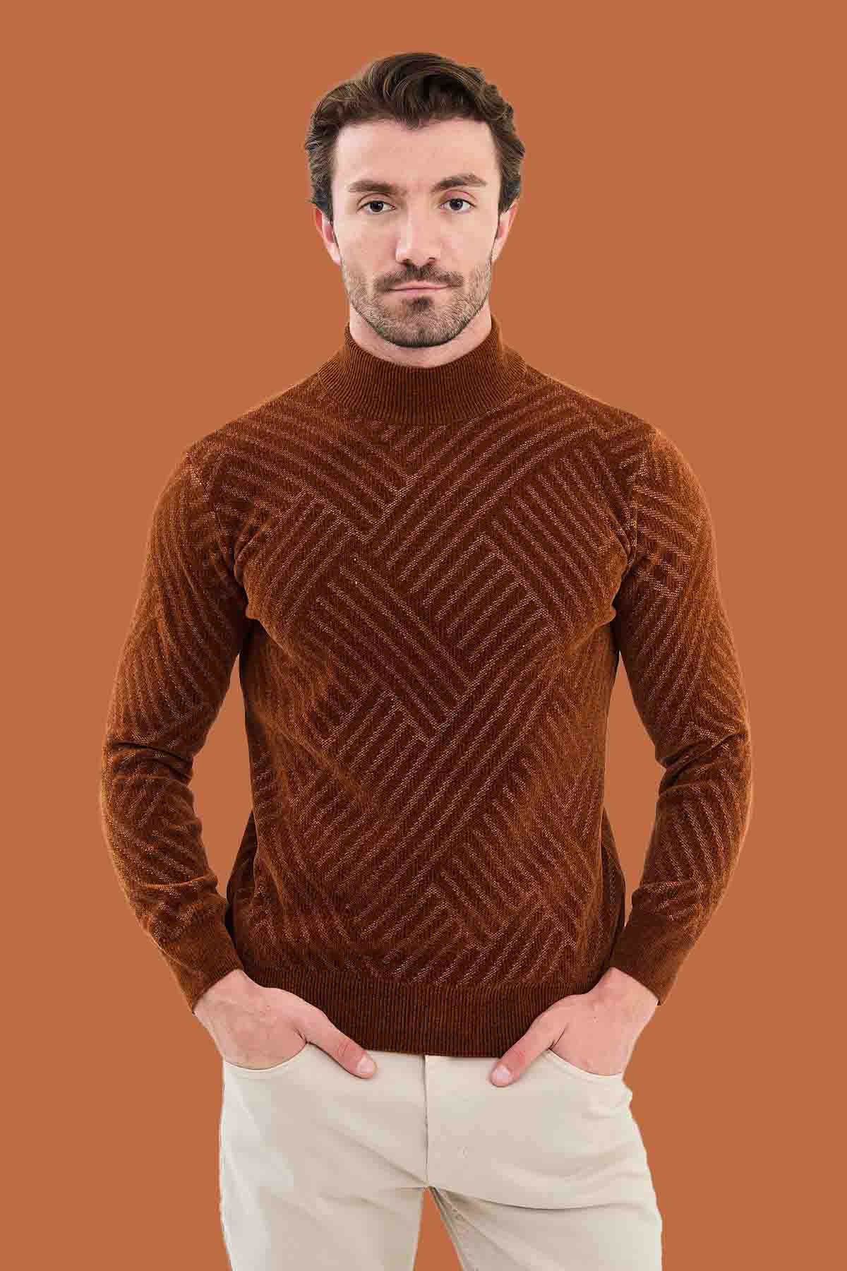 Men's Slim Fit Rust Mock Neck Geometric Sweater