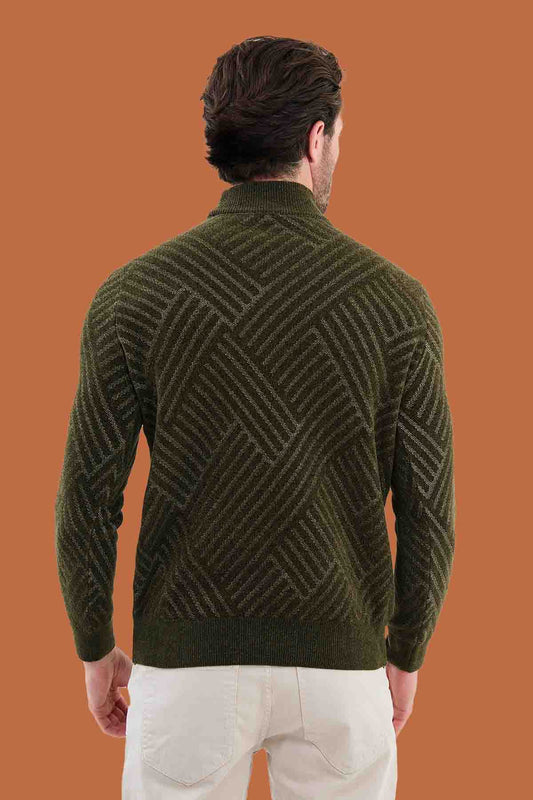 Men's Slim Fit Khaki Knit Mock Neck Pattern Sweater