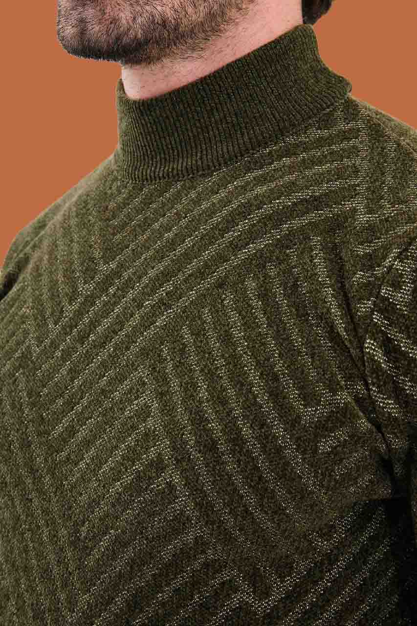 Men's Slim Fit Khaki Knit Mock Neck Pattern Sweater