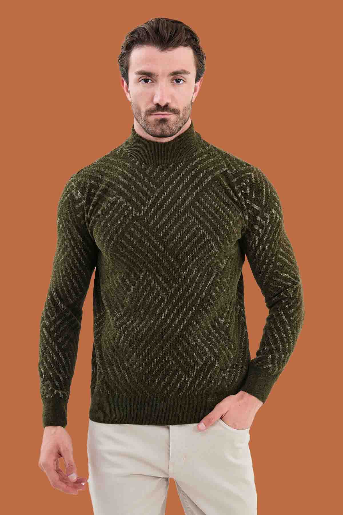 Men's Slim Fit Khaki Knit Mock Neck Pattern Sweater