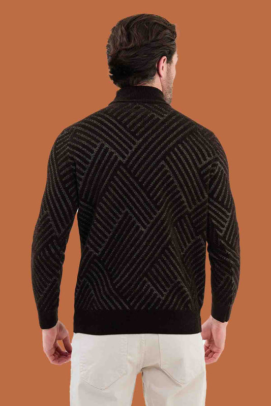 Men's Slim Fit Brown Knit Mock Neck Pattern Sweater