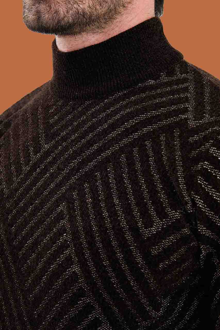 Men's Slim Fit Brown Knit Mock Neck Pattern Sweater