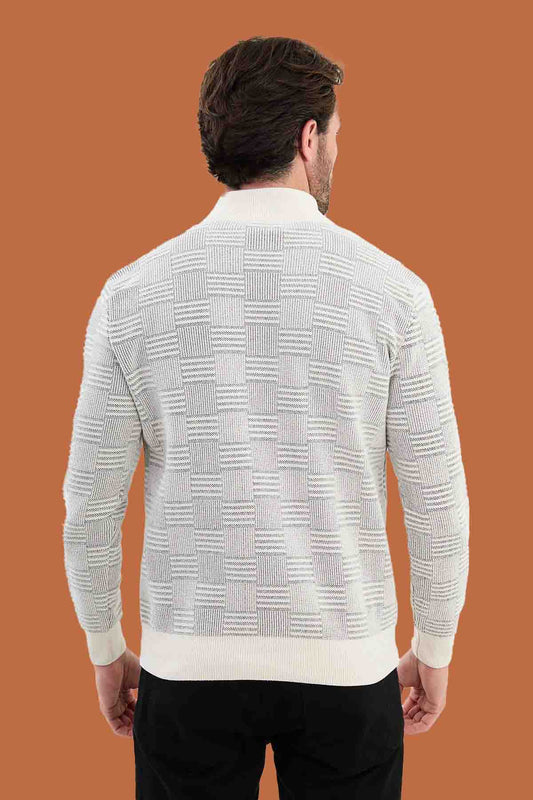Men's Slim Fit White Half-Zip Textured Knit Sweater