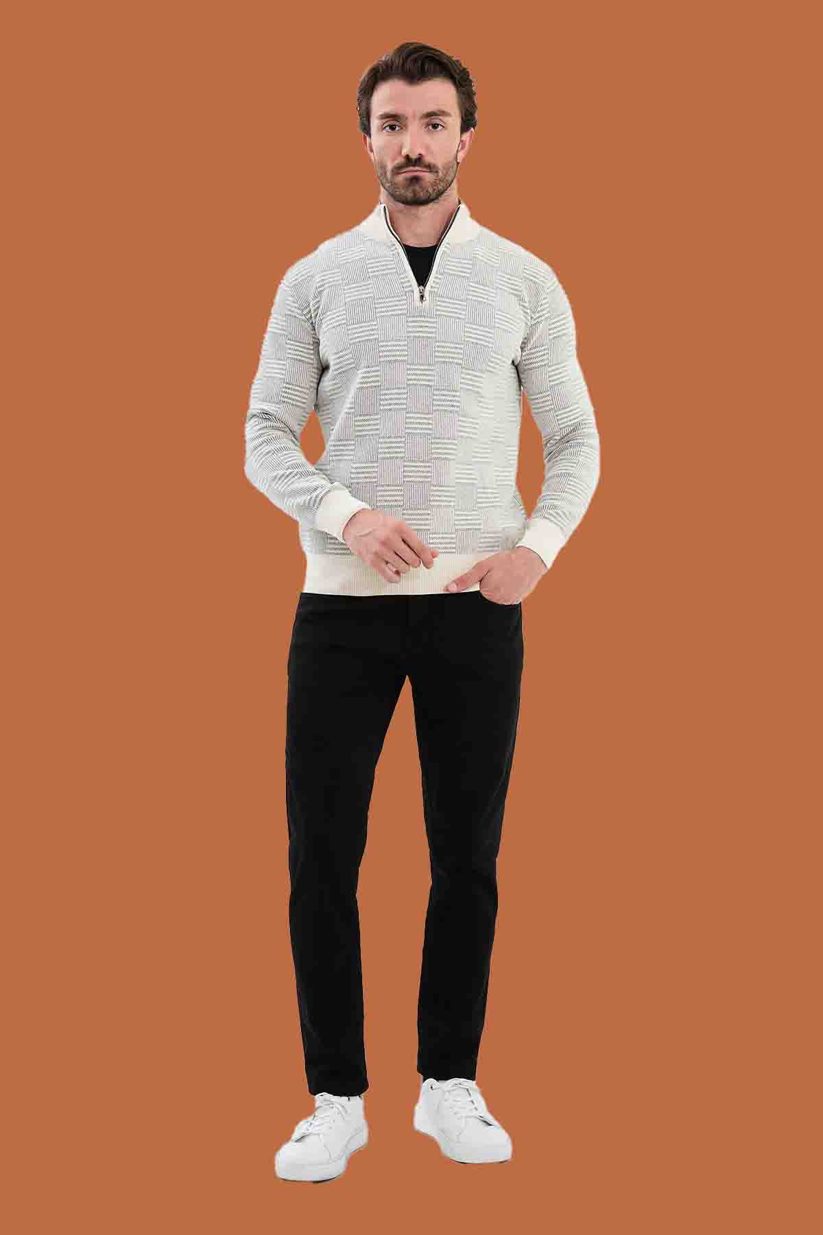 Men's Slim Fit White Half-Zip Textured Knit Sweater