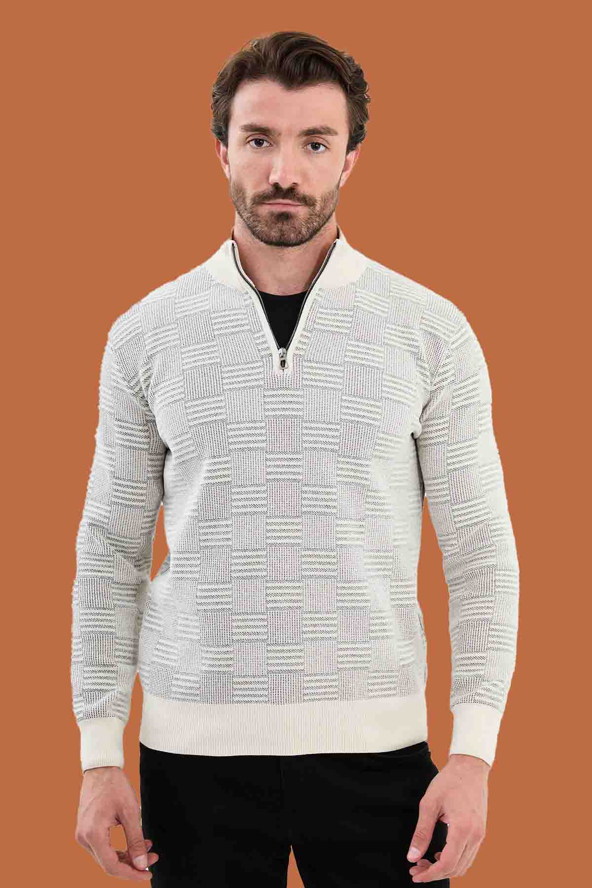 Men's Slim Fit White Half-Zip Textured Knit Sweater