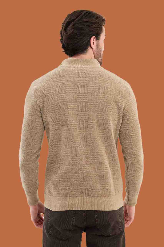 Men's Slim Fit Beige Half-Zip Textured Knit Sweater