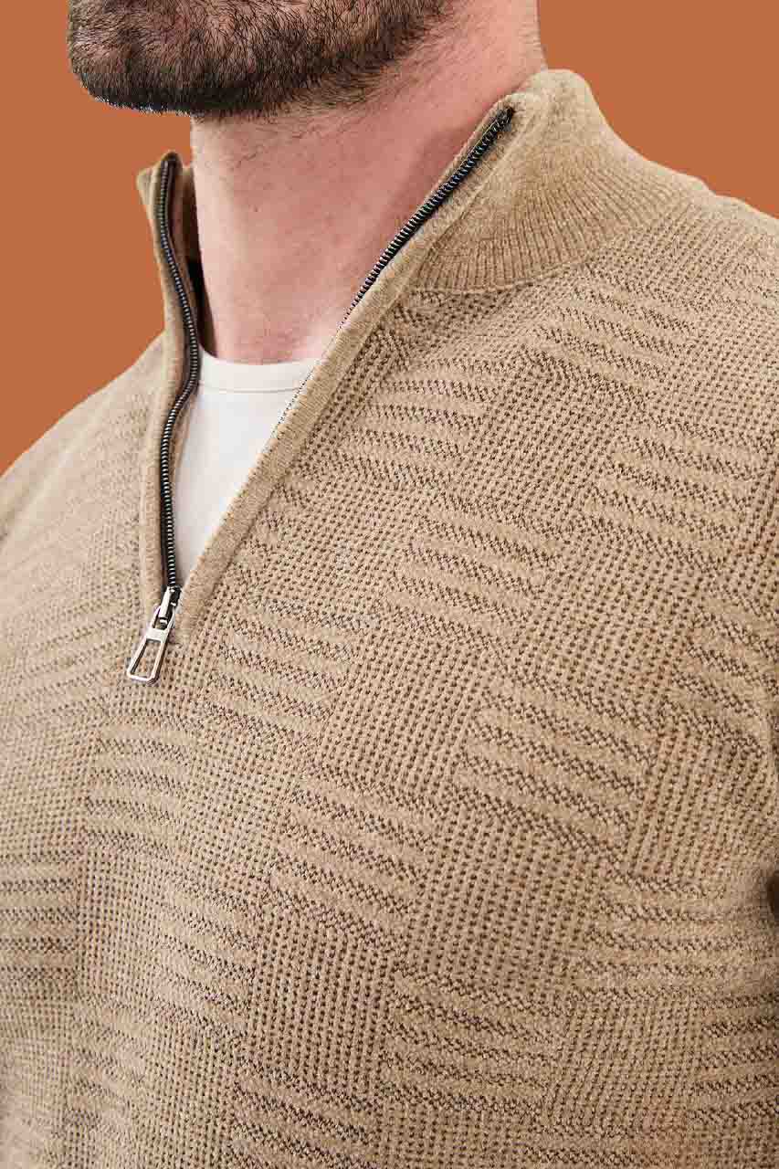 Men's Slim Fit Beige Half-Zip Textured Knit Sweater