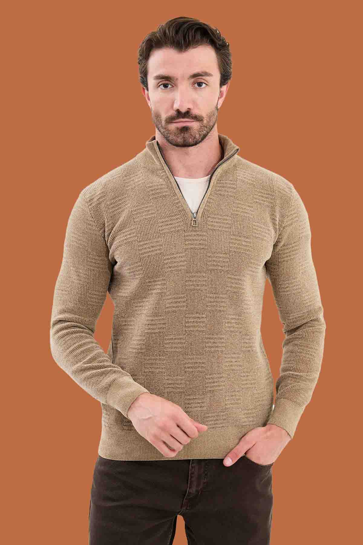 Men's Slim Fit Beige Half-Zip Textured Knit Sweater
