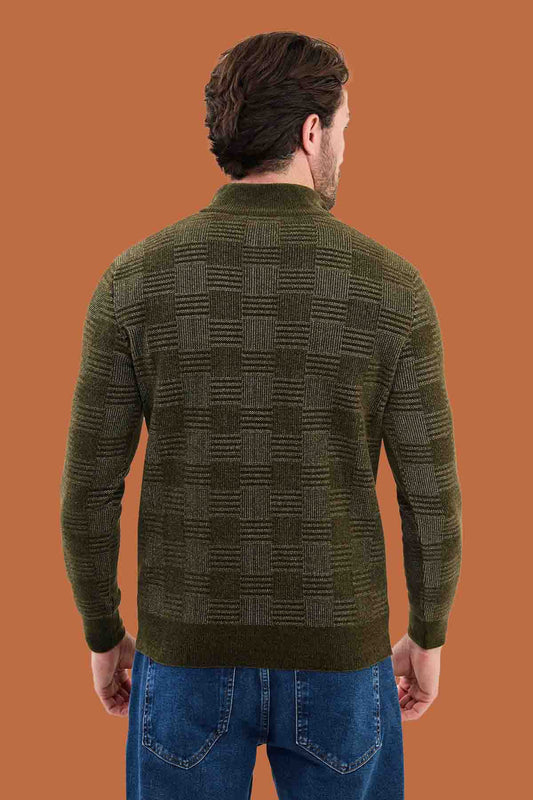 Men's Slim Fit Khaki Knit Quarter-Zip Polo Sweater