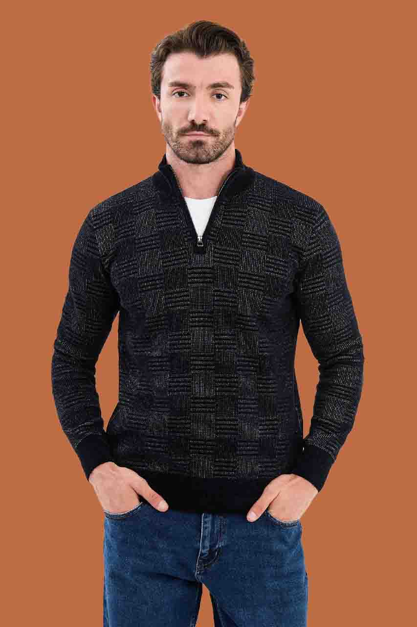 Men's Slim Fit Quarter-Zip Knit Sweater - Navy Pattern