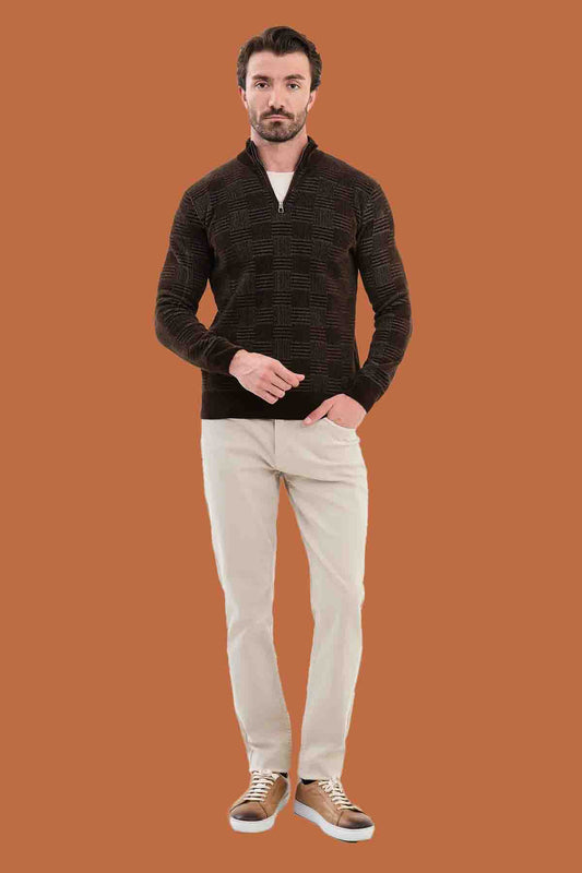 Men's Slim Fit Quarter-Zip Knit Sweater - Brown Pattern