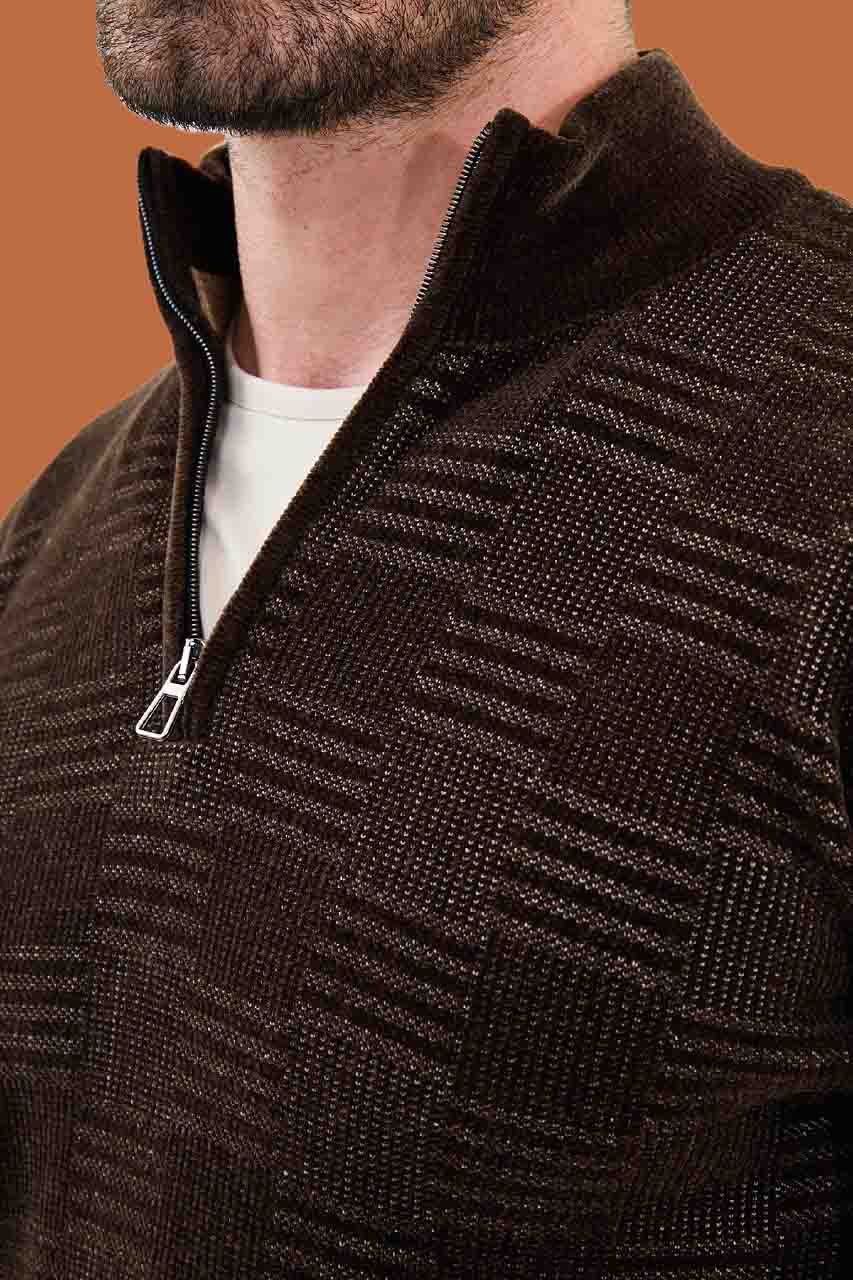 Men's Slim Fit Quarter-Zip Knit Sweater - Brown Pattern