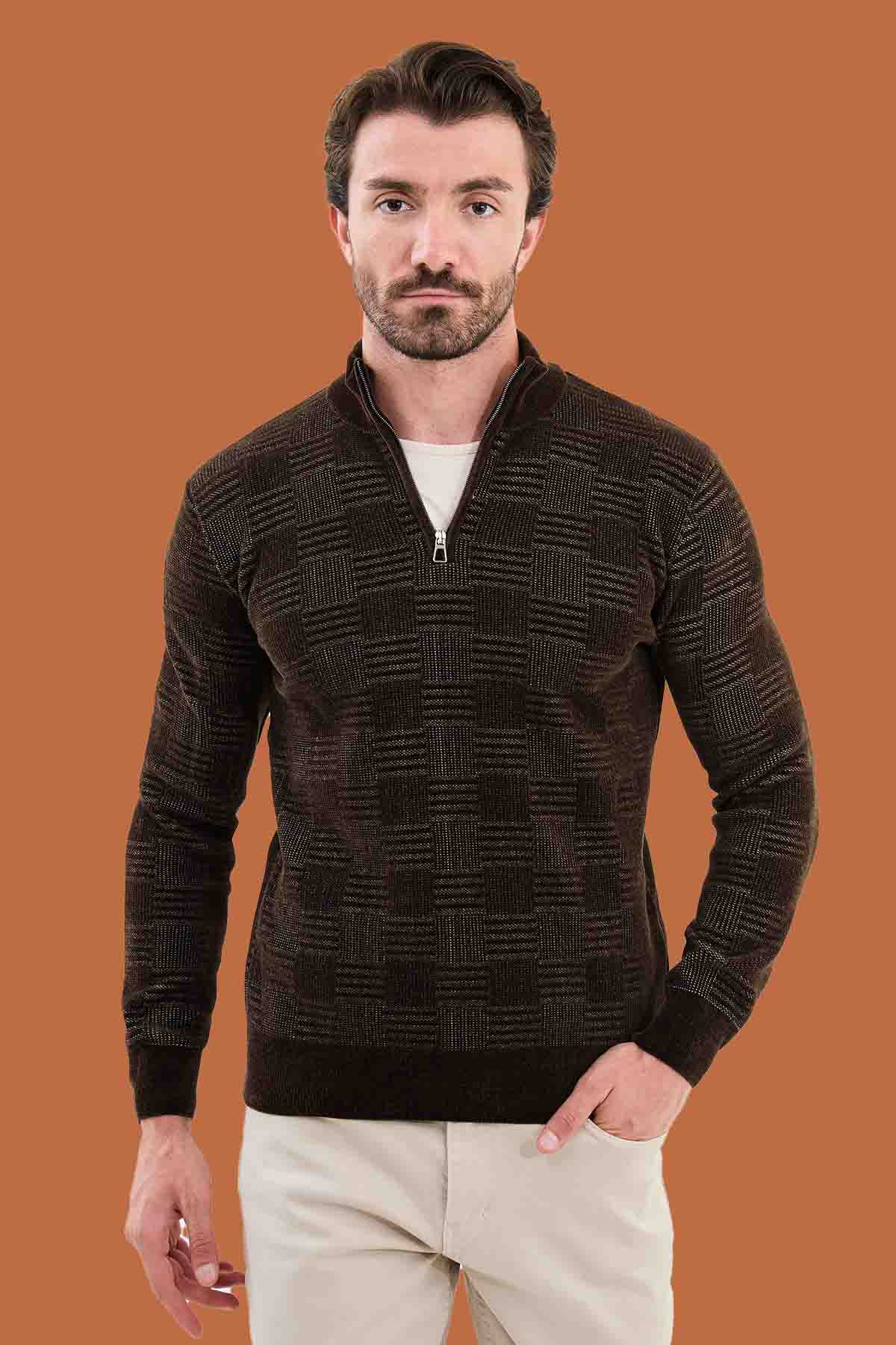 Men's Slim Fit Quarter-Zip Knit Sweater - Brown Pattern