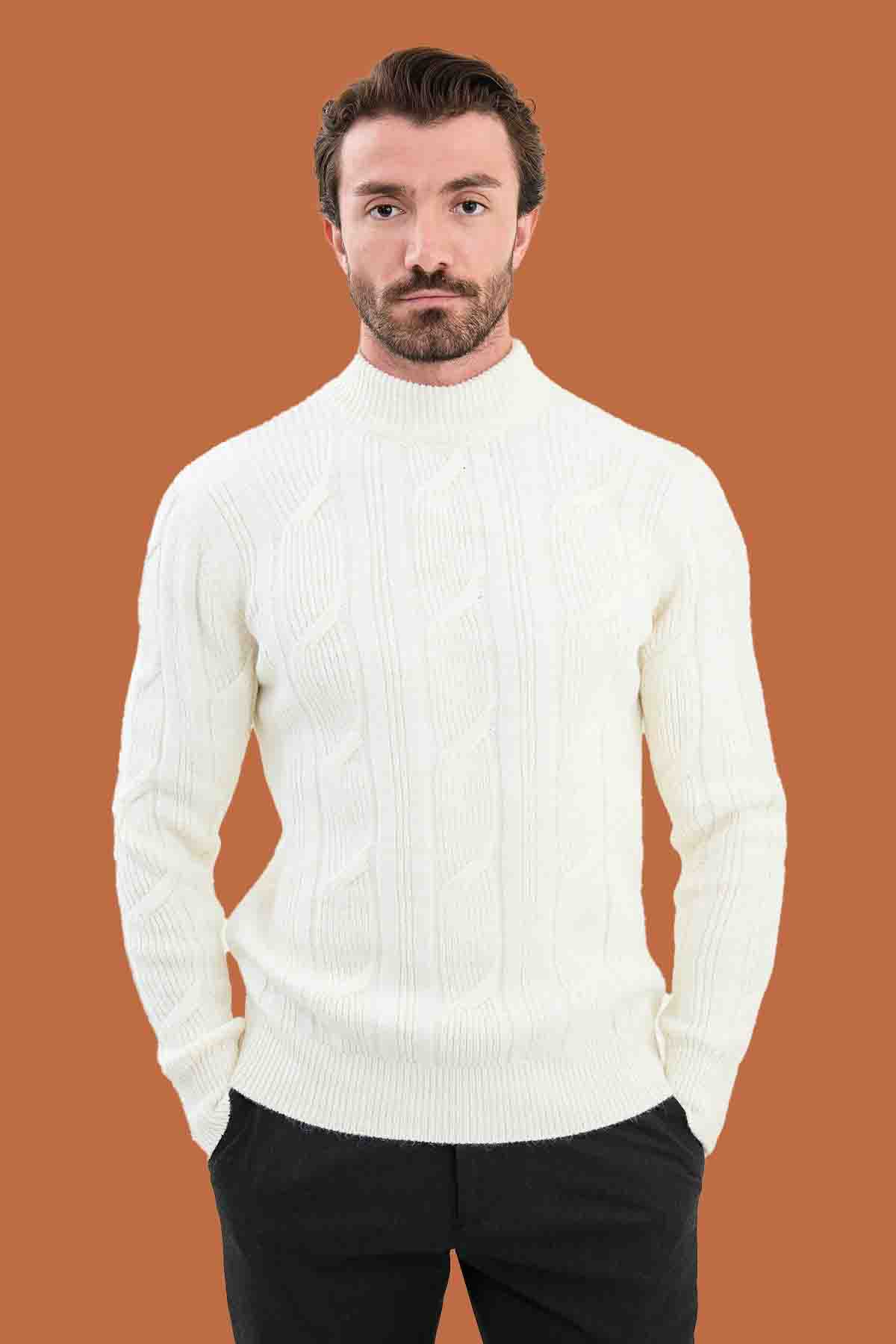 White Cable Knit Mock Neck Sweater - Slim Fit