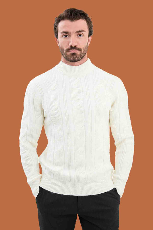 White Cable Knit Mock Neck Sweater - Slim Fit